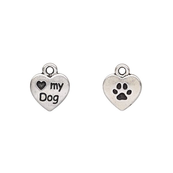 Charm, TierraCast®, antique silver-plated pewter (tin-based alloy), 10mm two-sided heart with "Love my Dog" and paw print. Sold per pkg of 20. image number 0