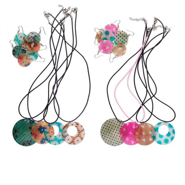 Necklace and earring mix, shell and rubber cord, multicolored, 17-1/2 inches with nickel-finished lobster claw clasp and 1-1/2 inch extender chain. Sold per pkg of 4 sets. image number 0