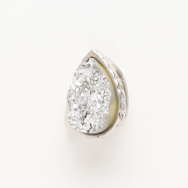 Bead, slide, brass and "druzy" (resin), pkg/1, 21x16mm teardrop, silver finish. image number 0