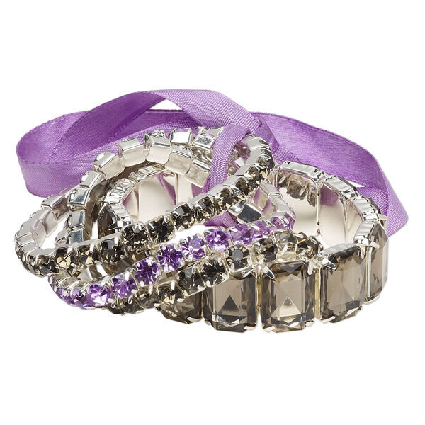 Bracelet, stretch, acrylic rhinestone / satin / silver finished-brass, smoke grey / lavender / purple, (3) 6mm and (1) 18mm wide cupchain, 6-1/2 to 7 inches. Sold per 4-piece set. image number 0