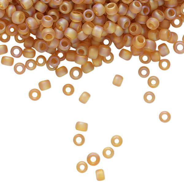 Seed bead, TOHO BEADS®, glass, pkg/7.5g, #8 round, translucent frosted rainbow dark topaz (TR-08-162CF). image number 0