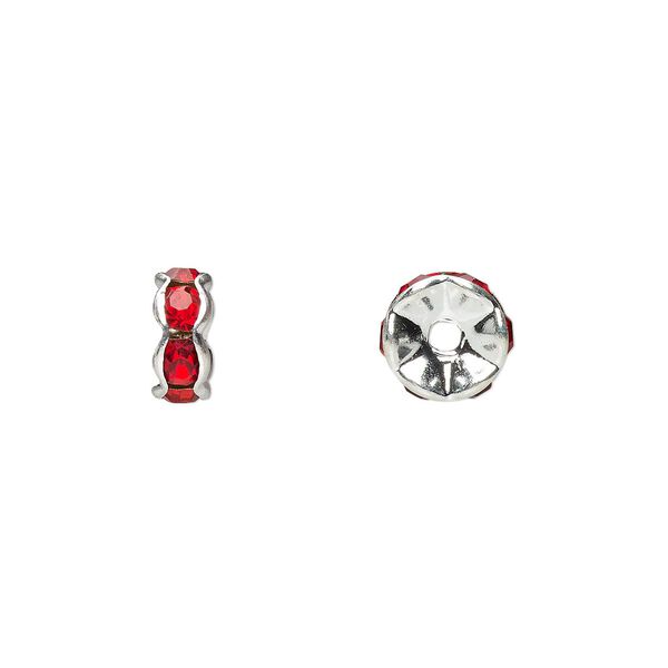 Bead, glass rhinestone and silver-plated brass, red, 7x3mm rondelle. Sold per pkg of 10. image number 0
