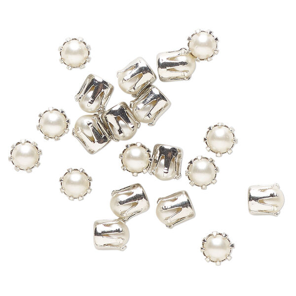 Component, Vintage Crystal™, crystal pearl and imitation rhodium-finished brass, cream, 4mm undrilled round. Sold per pkg of 20. image number 0
