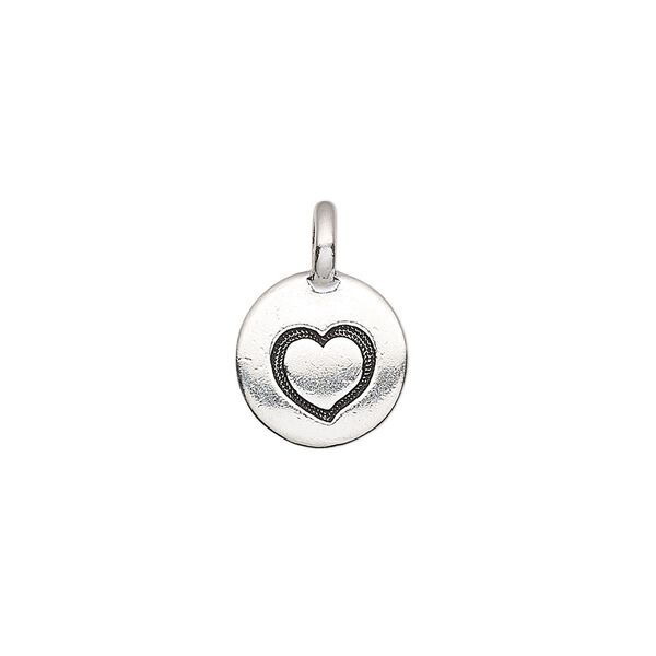 Drop, TierraCast®, antique silver-plated pewter (tin-based alloy), 11.5mm single-sided round with textured heart. Sold per pkg of 2. image number 0