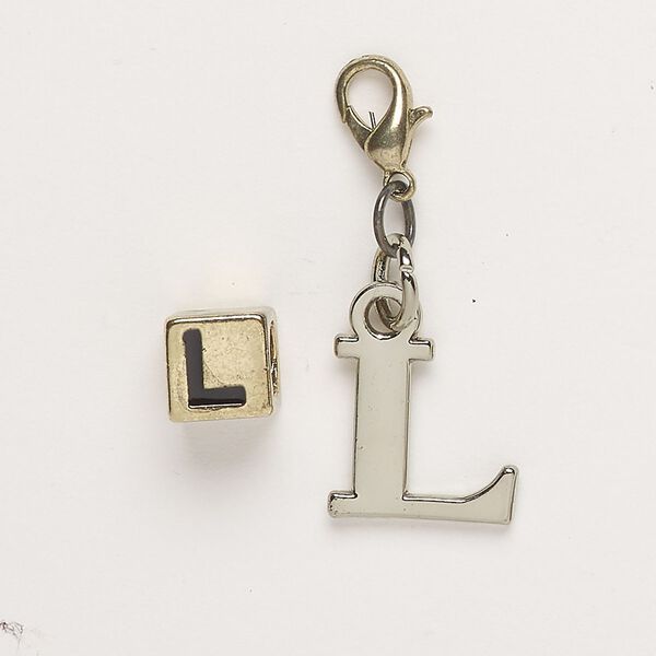 Bead and charm, brass-finished "pewter" (zinc-based alloy) / steel / enamel, black, 7mm cube with alphabet letter "L" and 13x12mm alphabet letter "L" with lobster claw clasp. Sold per pkg of 2. image number 0