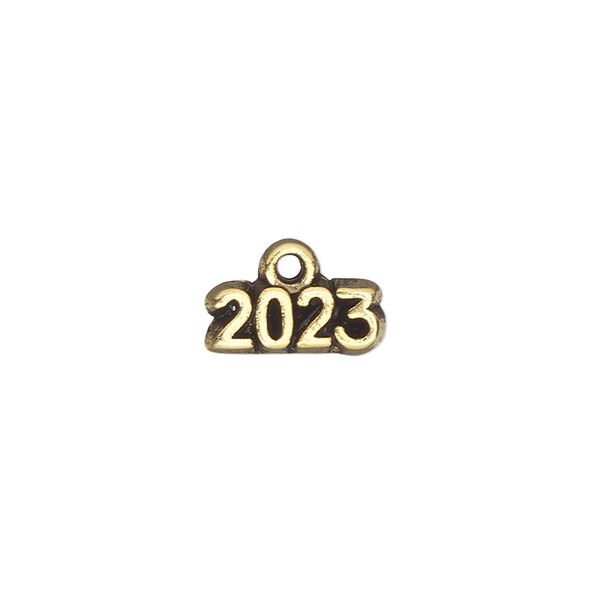 Charm, antique gold-plated pewter (tin-based alloy), 13x5mm single-sided "2023". Sold per pkg of 2. image number 0
