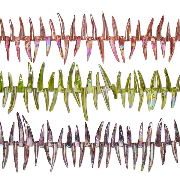 Bead mix, mother-of-pearl shell (bleached / dyed), multicolored AB, 20x2mm-39x6mm talon with 0.4-0.6mm hole, Mohs hardness 3-1/2. Sold per pkg of (3) 15-inch strands. image number 0
