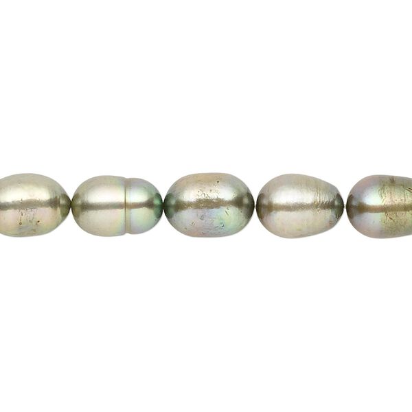 Pearl, cultured freshwater (dyed), green, 7-8mm rice, D grade, Mohs hardness 2-1/2 to 4. Sold per 16-inch strand. image number 0