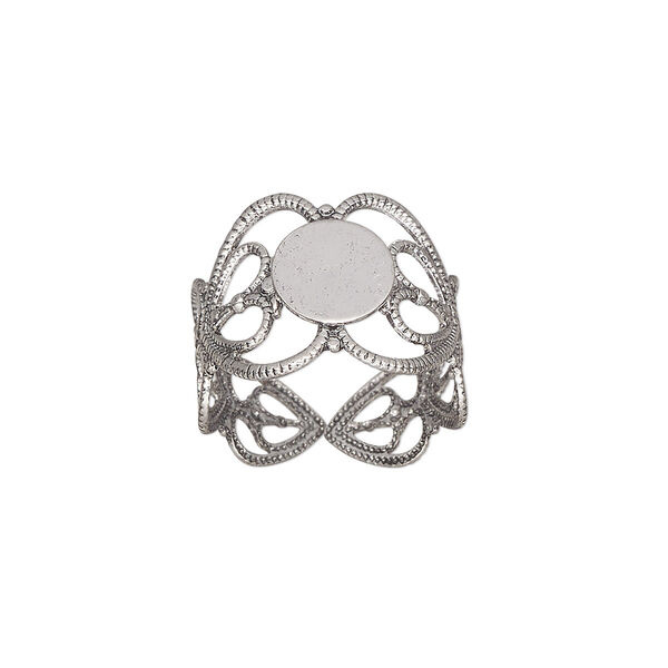 Ring, antique silver-plated brass, 14mm wide with double heart and 8mm round flat pad setting, adjustable from size 7-9. Sold per pkg of 8. image number 0