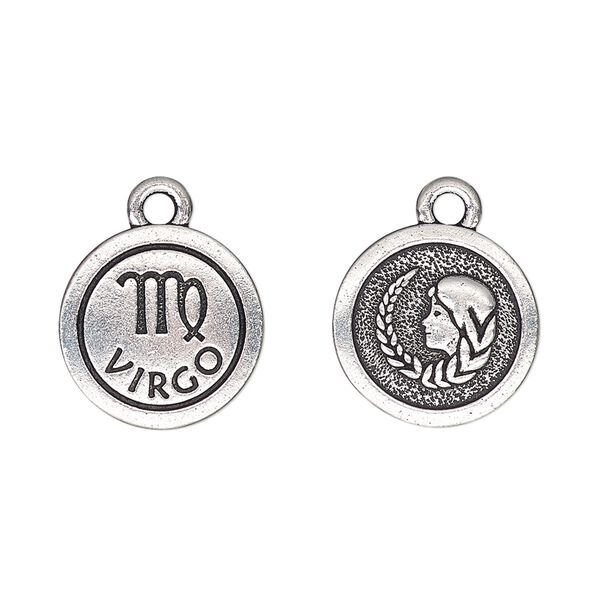 Charm, TierraCast®, antique silver-plated pewter (tin-based alloy), 15mm two-sided flat round with Virgo zodiac sign and symbol. Sold per pkg of 20. image number 0