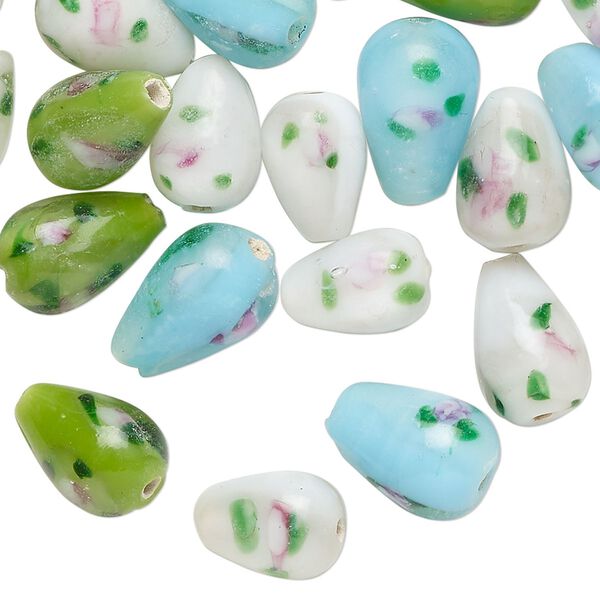 Bead mix, glass, translucent light blue, white and green, 11x8-14x9mm teardrop with flower design. Sold per 1-ounce pkg, approximately 30 beads. image number 0