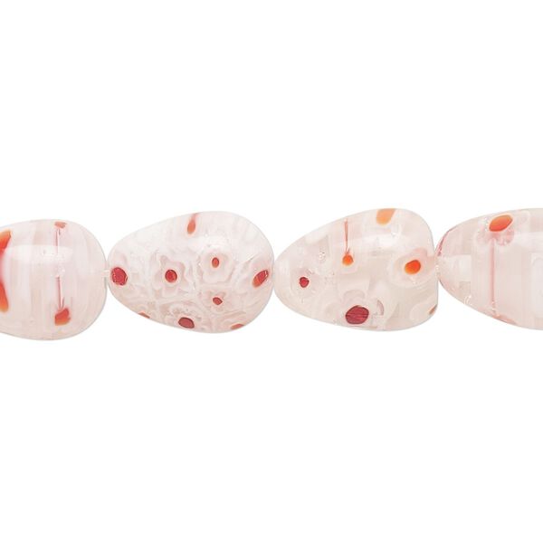 Bead, millefiori glass, translucent clear / white / dark red / orange, teardrop 14x10mm with flower design. Sold per 14-inch strand. image number 0