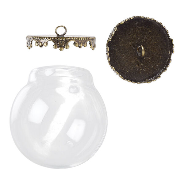 Focal, Keepsafe Keeper™, glass and antique brass-plated "pewter" (zinc-based alloy), clear, 31x30mm with 30x30mm dome and 21x4mm cap with fancy edge and closed loop. Sold per 2-piece set. image number 0