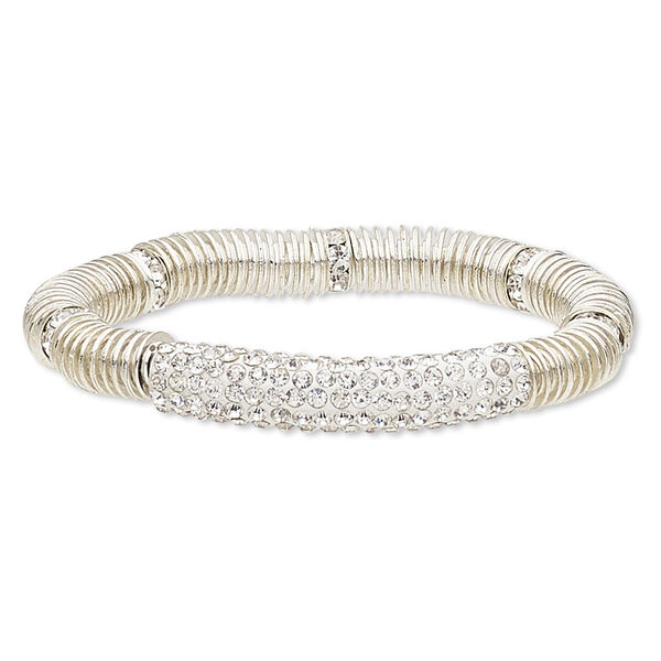 Bracelet, stretch, glass rhinestone / nylon / polymer clay / silver-plated brass / steel / "pewter" (zinc-based alloy), white and clear, 9mm wide with 45x9mm curved tube, 6-1/2 inches. Sold individually. image number 0