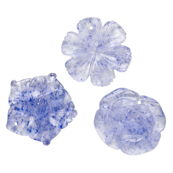 Drop mix, glass, translucent speckled dark purple, 30x26mm-30x30mm top-drilled, carved flower. Sold per pkg of 3. image number 0