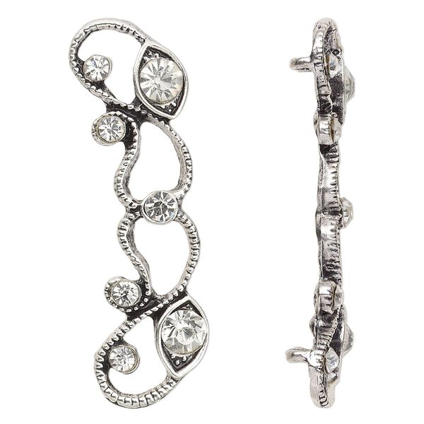 Spacer, antique silver-plated "pewter" (zinc-based alloy) and Czech glass rhinestone, clear, 45x13mm 2-strand with fancy design. Sold per pkg of 4. image number 0