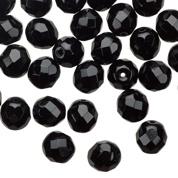 Bead 1pkg50 Czech fire-polished glass, 8mm faceted round, opaque jet black image number 0