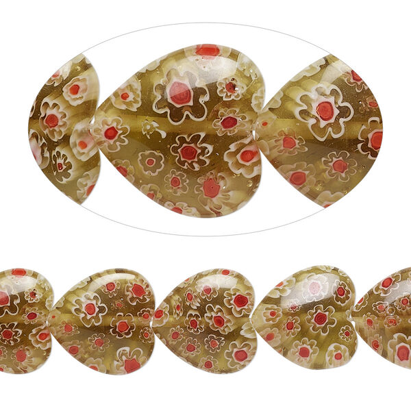 Bead, millefiori glass, translucent amber / peach / white, 18mm puffed heart with 0.6-0.8mm hole. Sold per 15-inch strand. image number 0