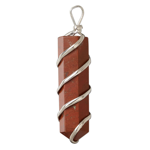 Pendant, red jasper (natural) and silver-finished copper, 34x10mm wrapped point. Sold individually. image number 0