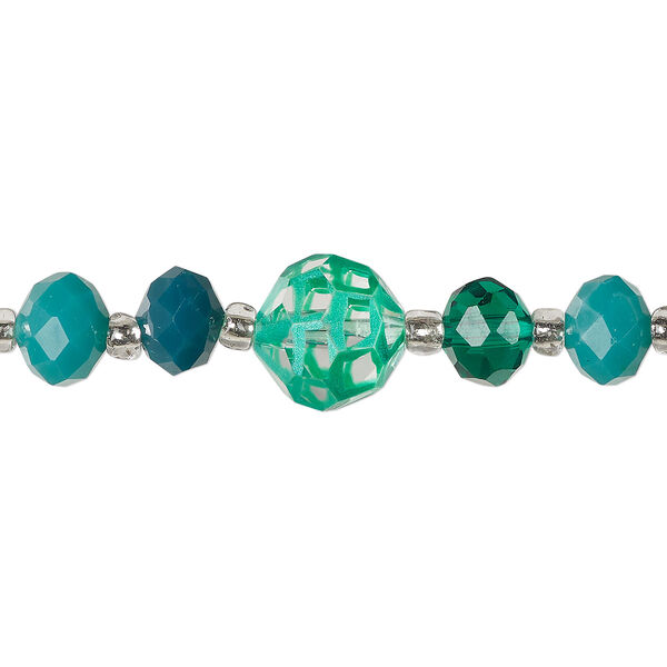 Bead assortment, painted glass, 4mm-14x13mm assorted clear / green / teal green / dark teal green. Sold per 7-inch strand. image number 0