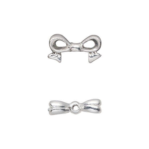Bead, pewter (tin-based alloy), pkg/1, silver plate, 16x9mm double-sided bow, fits 8mm cube. image number 0