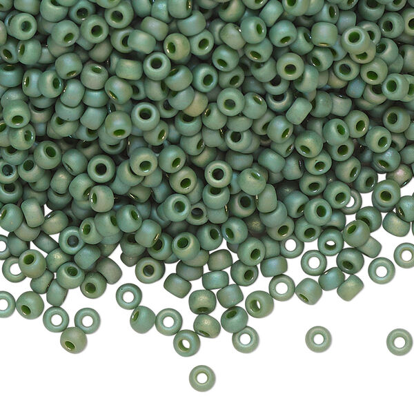 Seed bead, Miyuki, glass, pkg/50g, #8 rocaille, opaque matte rainbow basil green, (RR-4700). image number 0