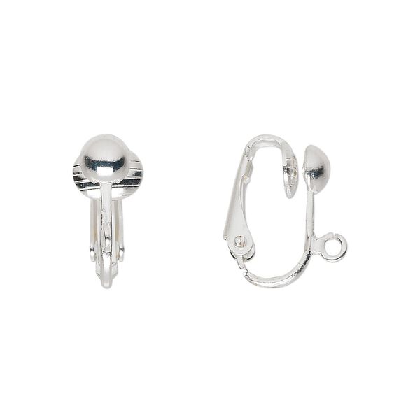Earring clip-on 1pkg10 silver-plated, 16mm hinged / 5mm half-ball / open loop, steel 5 pair image number 0