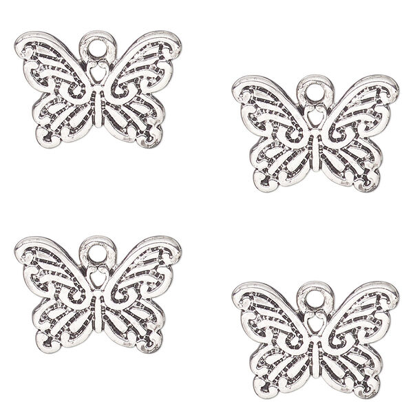 Charm, antique silver-finished "pewter" (zinc-based alloy) , 18x10mm double-sided butterfly. Sold per pkg of 4. image number 0