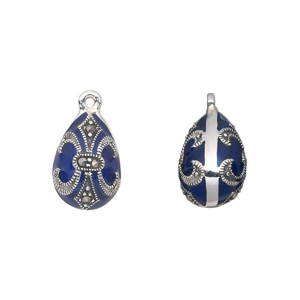 Drop, sterling silver with marcasite and enamel, blue, 15x10mm teardrop with fleur-de-lis design. Sold individually. image number 0