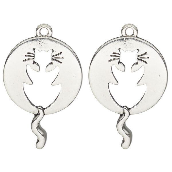 Focal, antique silver-finished "pewter" (zinc-based alloy), 30x20mm round single-sided cutout cat. Sold per pkg of 2. image number 0