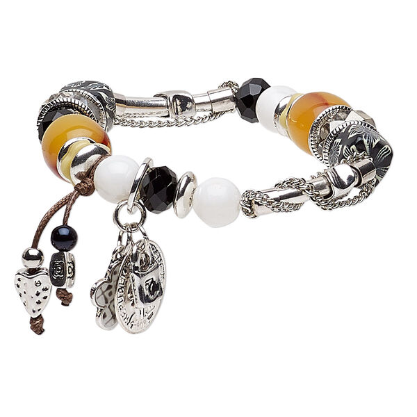 Bracelet, stretch, acrylic / enamel / glass / porcelain / waxed cotton cord / antique silver-coated acrylic / silver- / antique silver-plated brass / steel / "pewter" (zinc-based alloy), multicolored, 14mm wide with 1-3/4 inch dangle, 7-1/2 inches. Sold individually. image number 0