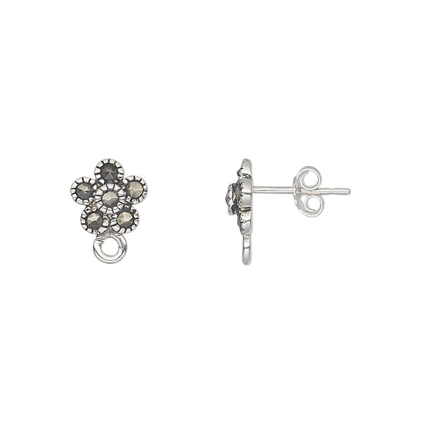 Marcasite / sterling silver 1pkg2, flower earstud / open loop / earnut natural 9x8mm image number 0