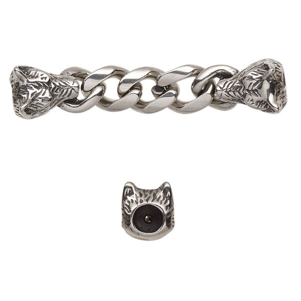 Focal, antiqued stainless steel, 51x9.5mm with 12.5x10mm wolf and 8.6mm curb chain with 2 glue-in cord ends, 4.5mm inside diameter. Sold individually. image number 0