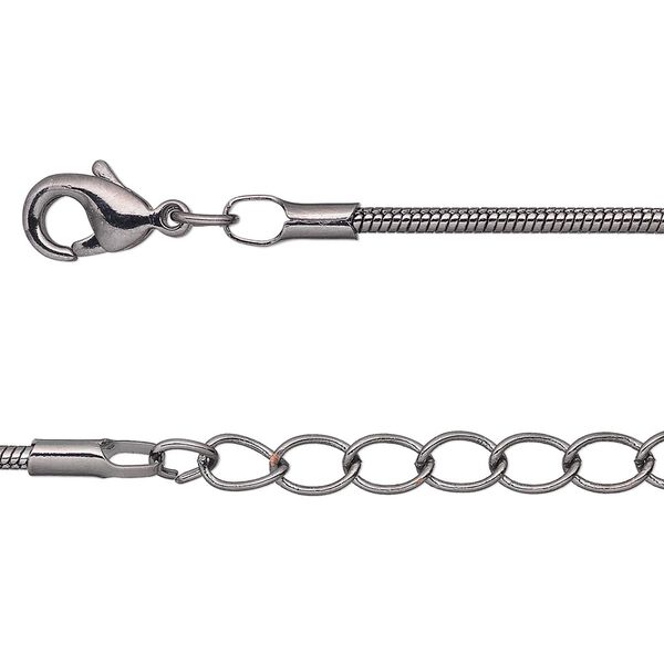 Chain, gunmetal-plated brass, 1.5mm snake, 7-1/2 inches with 1-1/4 inch extender chain and lobster claw clasp. Sold per pkg of 6. image number 0