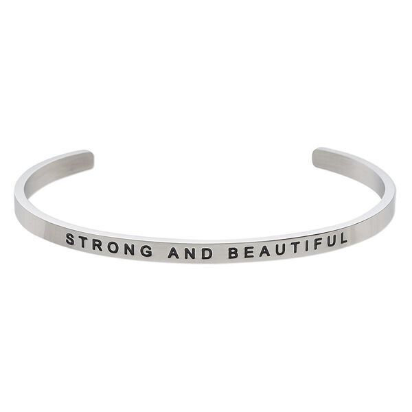 Bracelet, Everyday Jewelry, cuff, stainless steel, 4mm wide with "STRONG AND BEAUTIFUL," 8 inches. Sold individually. image number 0