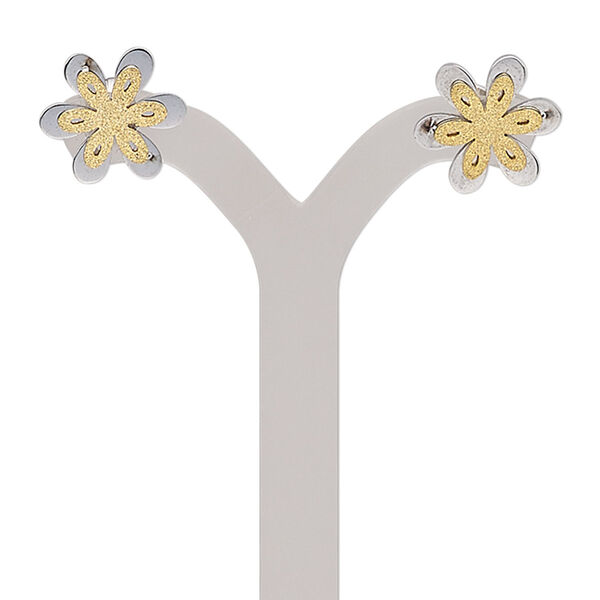 Earring, stainless steel and gold-finished stainless steel, 13x13mm stardust flower with post. Sold per pair. image number 0