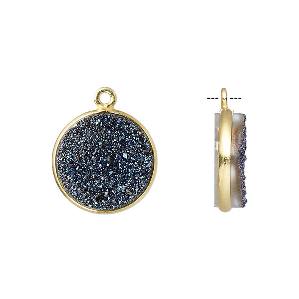 Druzy agate / sterling silver 1pkg1, electrocoated gold finished hand-cut flat round drop 15mm image number 0