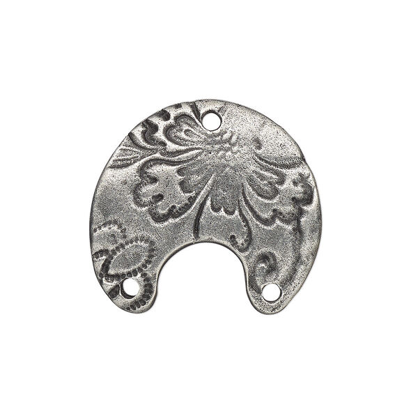 Connector, TierraCast®, "Vida Mas Dulce" collection, antiqued pewter (tin-based alloy), 21x19.5mm two-sided slightly domed naja with flora design and 3 holes. Sold per pkg of 20. image number 0
