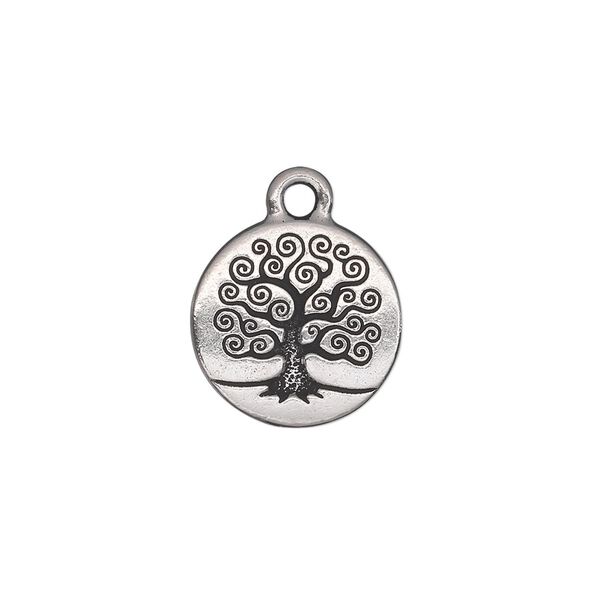 Drop, TierraCast®, antique silver-plated pewter (tin-based alloy), 15.5mm double-sided flat round with tree of life. Sold per pkg of 20. image number 0
