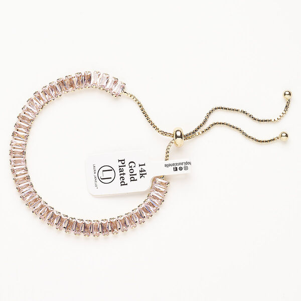 Bracelet, adjustable, brass / glass / silicone, pkg/1, 6 to 10 inches, gold plate and pink tourmaline. image number 0