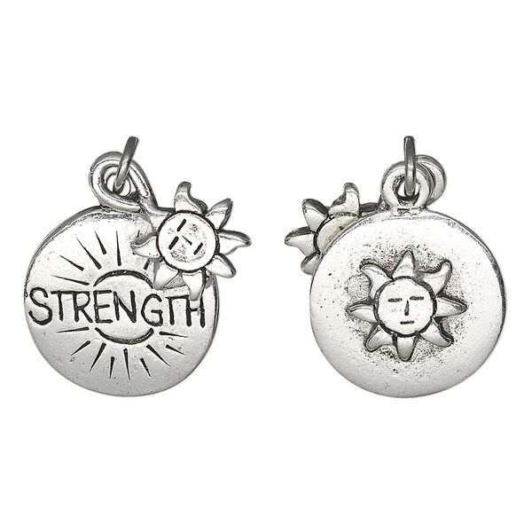Charm, antique silver-plated pewter (tin-based alloy), 10mm double-sided flat round sun and 16.5mm two-sided flat round with "STRENGTH" and raised sun design. Sold individually. image number 0
