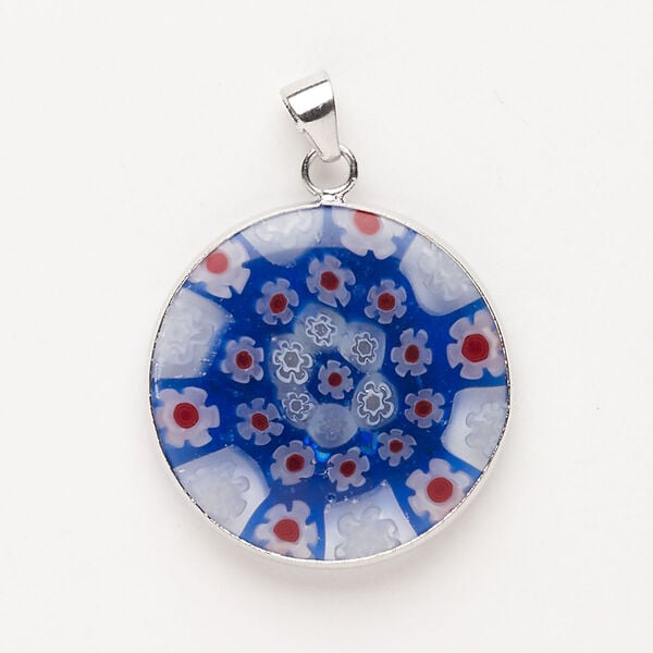 Pendant, "pewter" (zinc-based alloy) / brass / millefiori glass, pkg/1, 29mm round, silver finish and translucent multicolored. image number 0