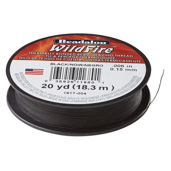 Thread, Beadalon® WildFire™, polyester and plastic, black, 0.15mm with bonded coating, 10-pound test. Sold per 20-yard spool. image number 0