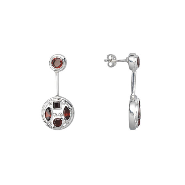 Earring, sterling silver and garnet (natural), 4mm and 5mm faceted rounds, 3mm faceted square, 6x3mm faceted marquise, 33x15mm. Sold per pair. image number 0