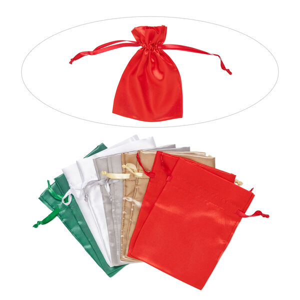 Pouch, satin, assorted Christmas colors, 6-1/4 x 4-3/4 inches with drawstring closure. Sold per pkg of 10. image number 0