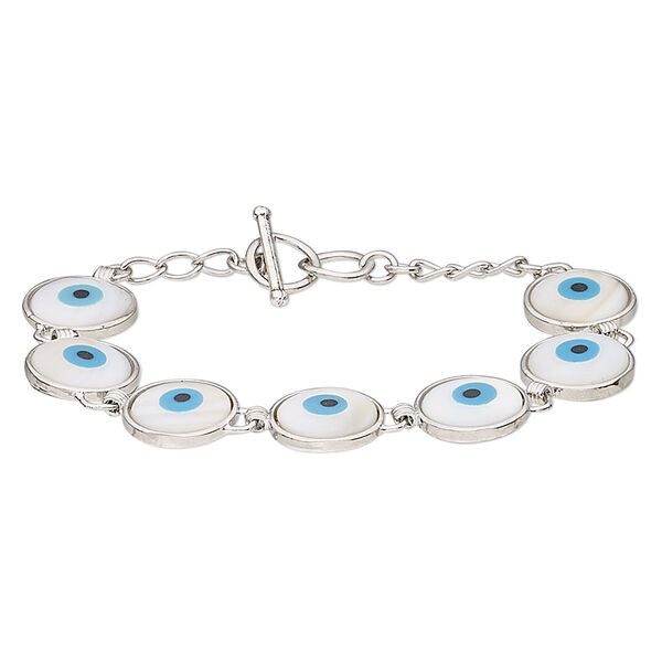 Bracelet, gold lip shell (assembled) / acrylic / silver-plated brass / steel, blue and black, 15mm round with wards off the evil eye design, 6-1/2 and 7 inches with toggle clasp. Sold individually. image number 0