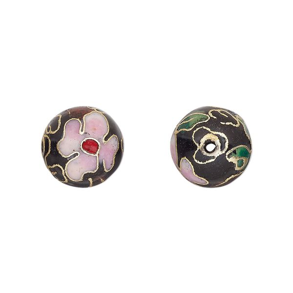 Bead, cloisonné, enamel and gold-finished copper, black / pink / red, 12mm round with flower design. Sold per pkg of 10. image number 0