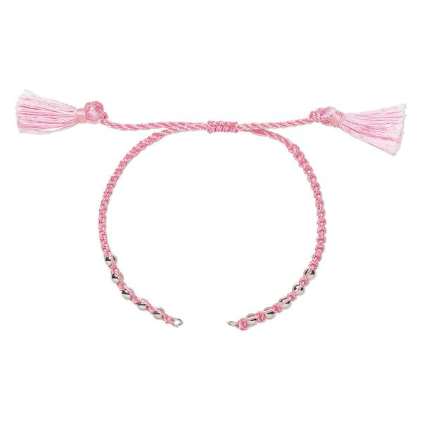 Bracelet component, nylon and silver-finished brass, pink, 9-3/4 inches with adjustable macramé closure and (2) 5mm open loops. Sold individually. image number 0