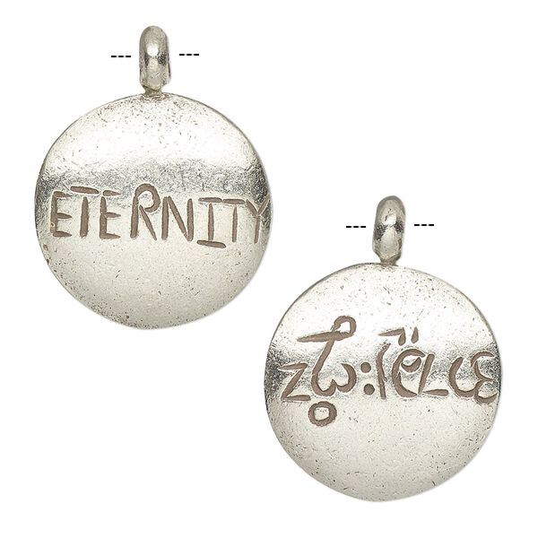 Drop, Hill Tribes, antiqued fine silver, 19mm double-sided round with "Eternity." Sold individually. image number 0