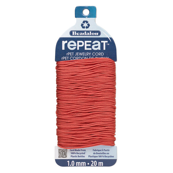 Cord, Beadalon® RePEaT™, recycled polyethylene, coral, 1mm, 100-pound test. Sold per 20-meter card. image number 0